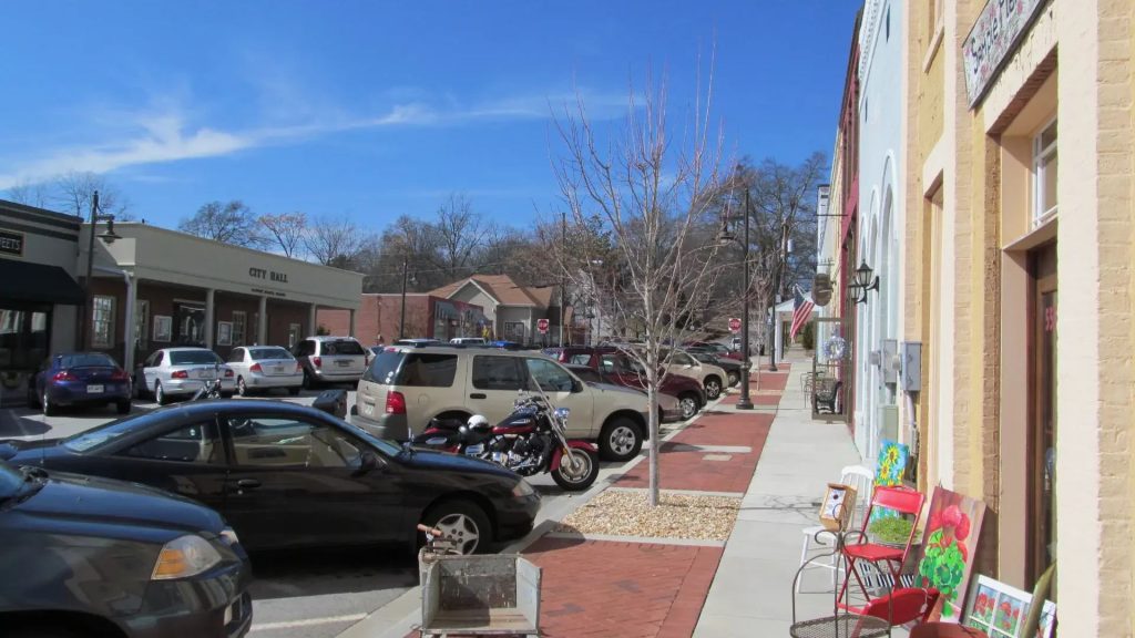 Storefronts in downtown Flowery Branch Georgia