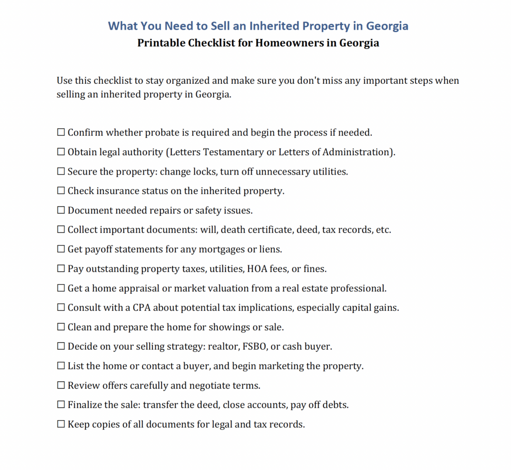 Printable checklist for selling an inherited property in Georgia