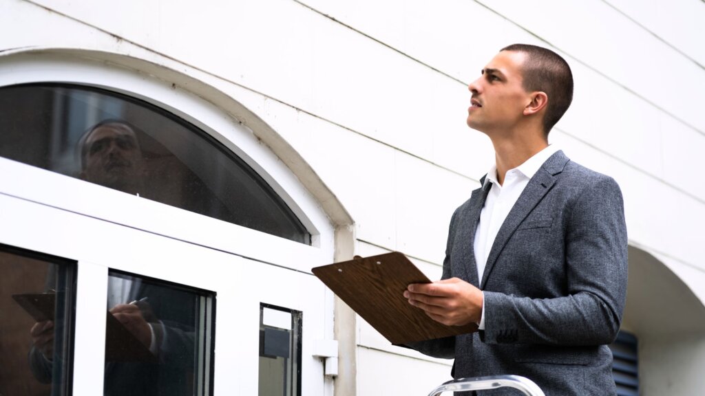 Man reviewing property exterior with clipboard