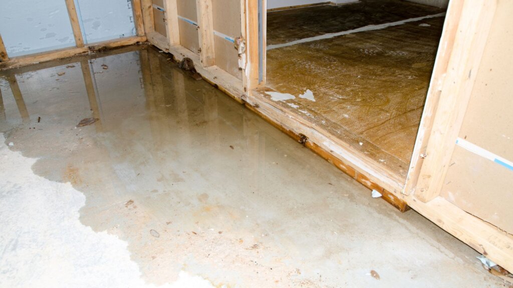 Standing water inside a home showing flood or water damage