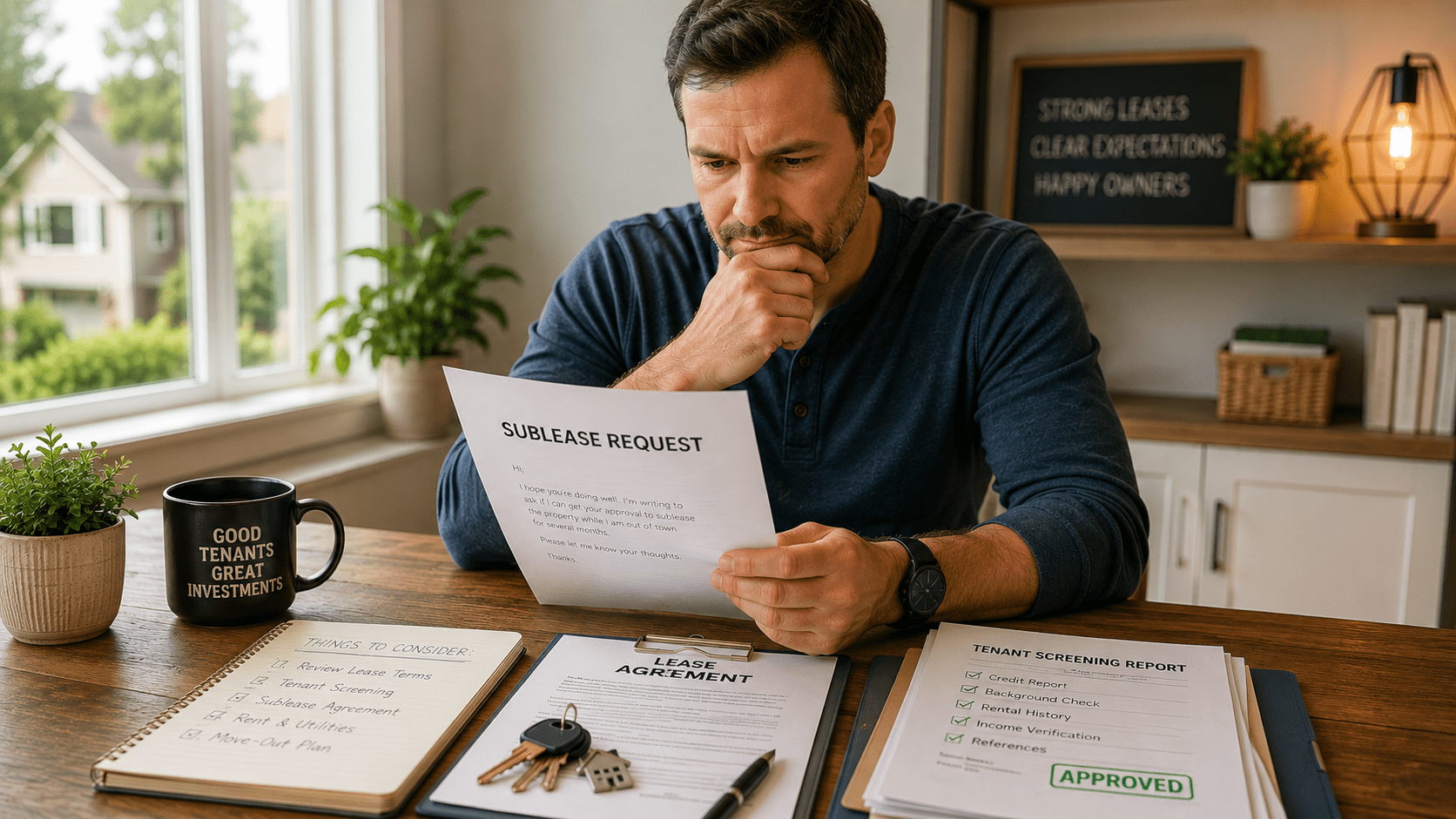 Property owner reviewing a sublease request, lease agreement, and tenant screening paperwork for a rental property in Northwest Georgia.