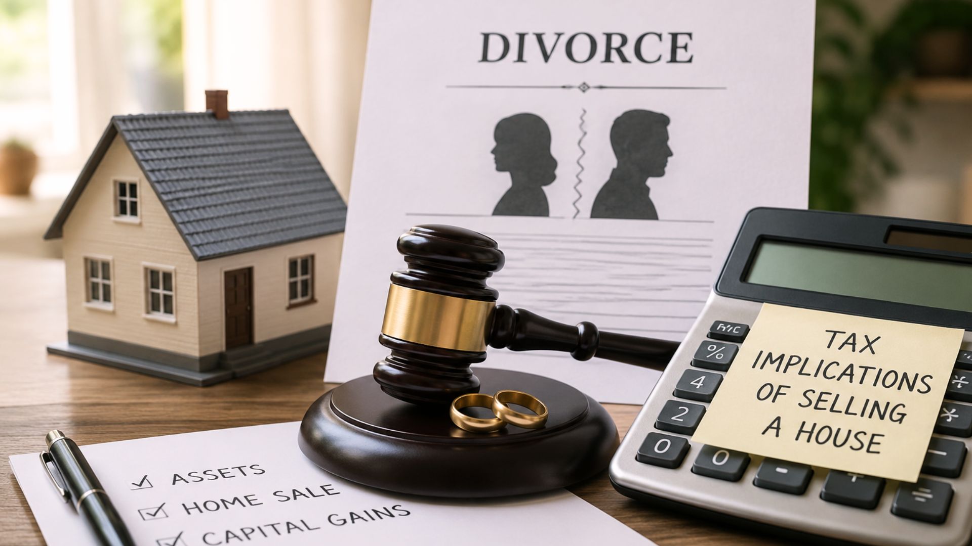 Documents and financial tools representing tax implications of selling a house during divorce
