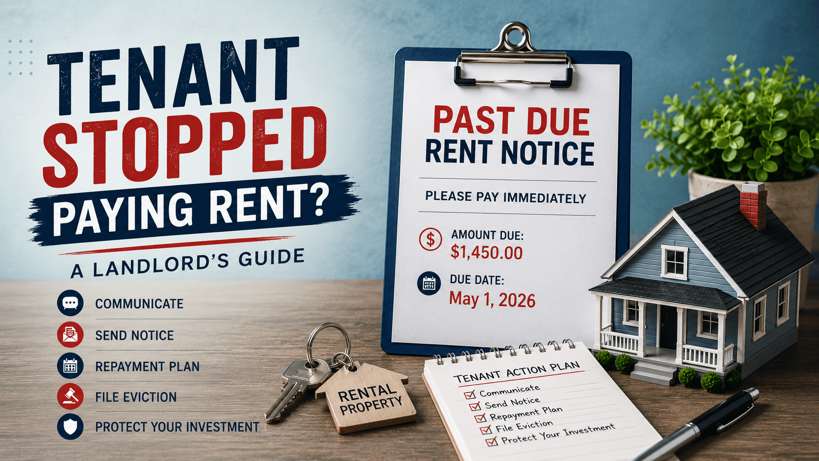Landlord guide graphic showing a past due rent notice, rental property keys, house model, and steps for handling a tenant who stopped paying rent