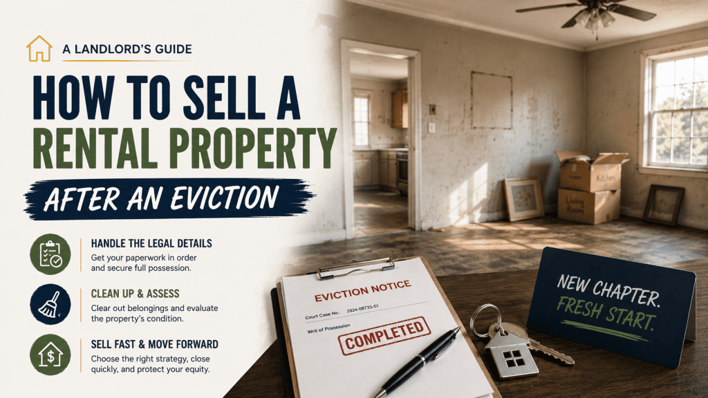 Landlord guide graphic showing an empty rental property after eviction with moving boxes, eviction paperwork, and keys representing a fresh start