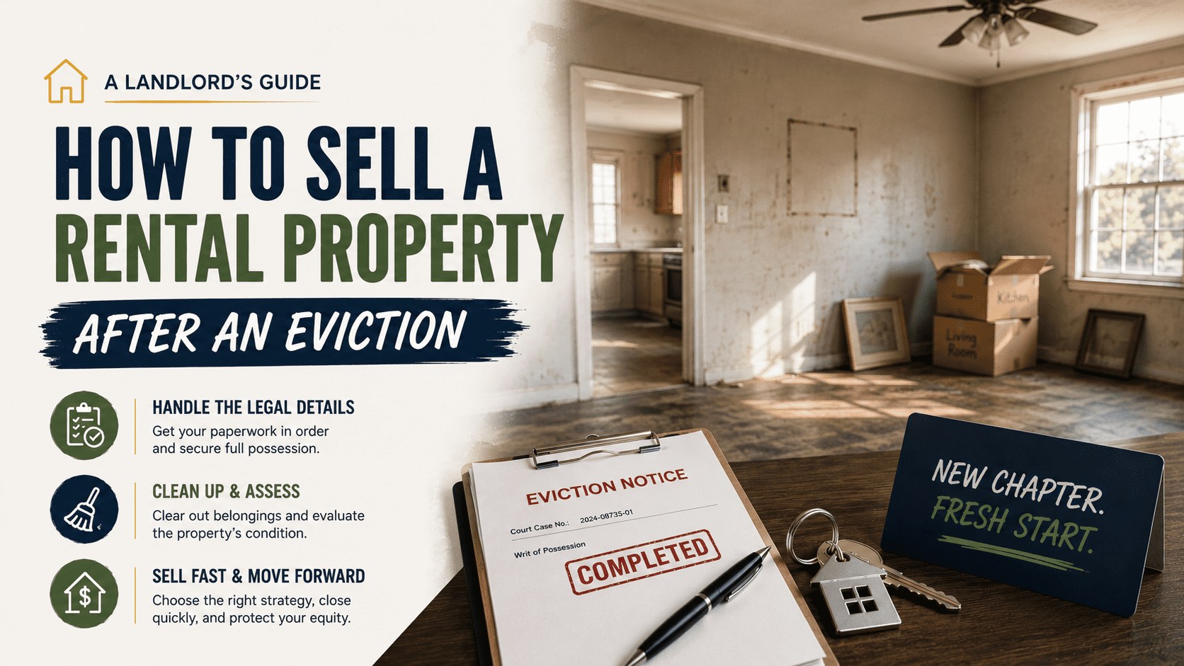 Landlord guide graphic showing an empty rental property after eviction with moving boxes, eviction paperwork, and keys representing a fresh start