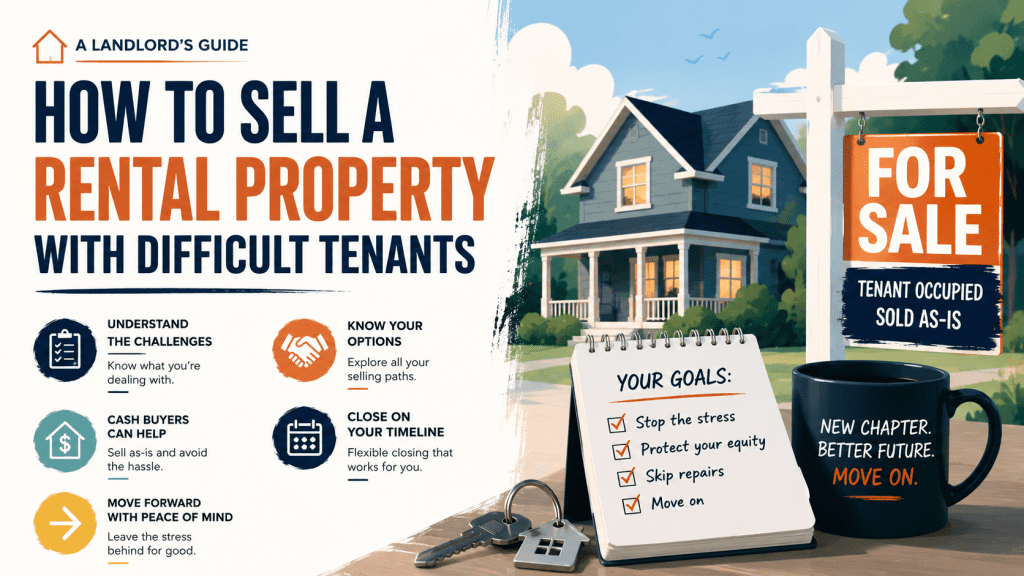 Modern landlord guide graphic showing a rental property, for sale sign, checklist, and resources for selling a rental property with difficult tenants