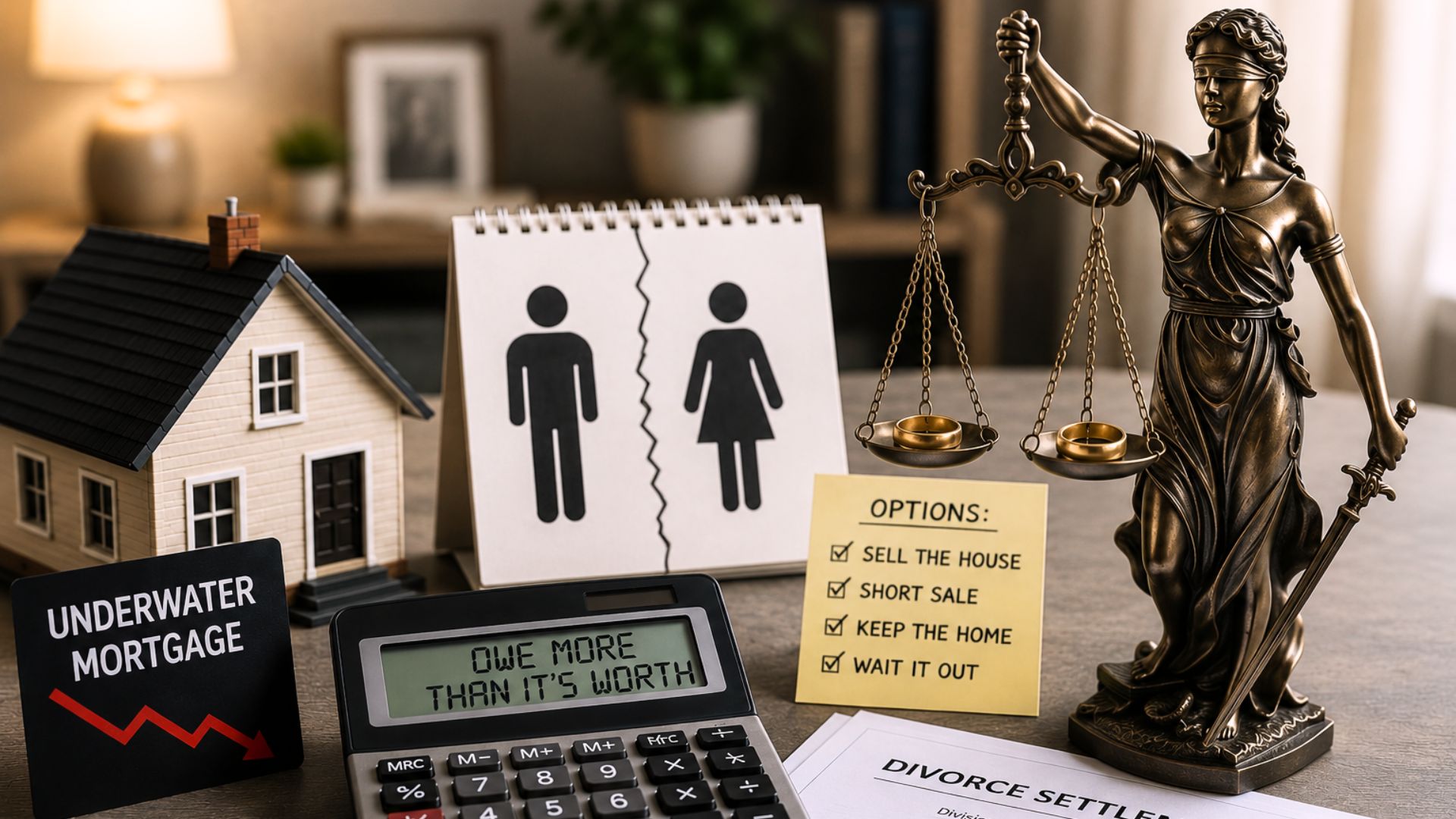 Lady Justice scales with a house model and financial documents representing an underwater mortgage during divorce
