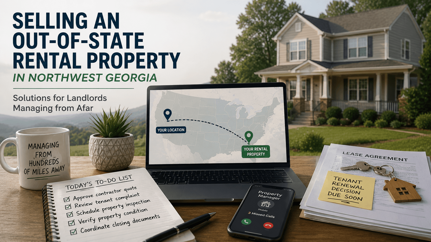 Out-of-state landlord managing a Northwest Georgia rental property remotely with property documents, tenant records, and a home in the background