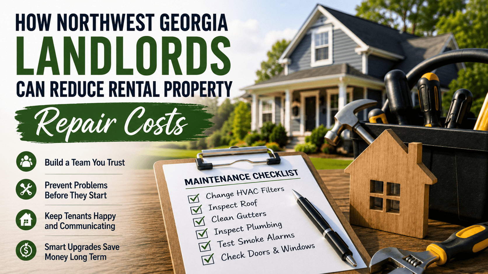 Maintenance checklist, toolbox, and rental home representing strategies for reducing rental property repair costs in Northwest Georgia