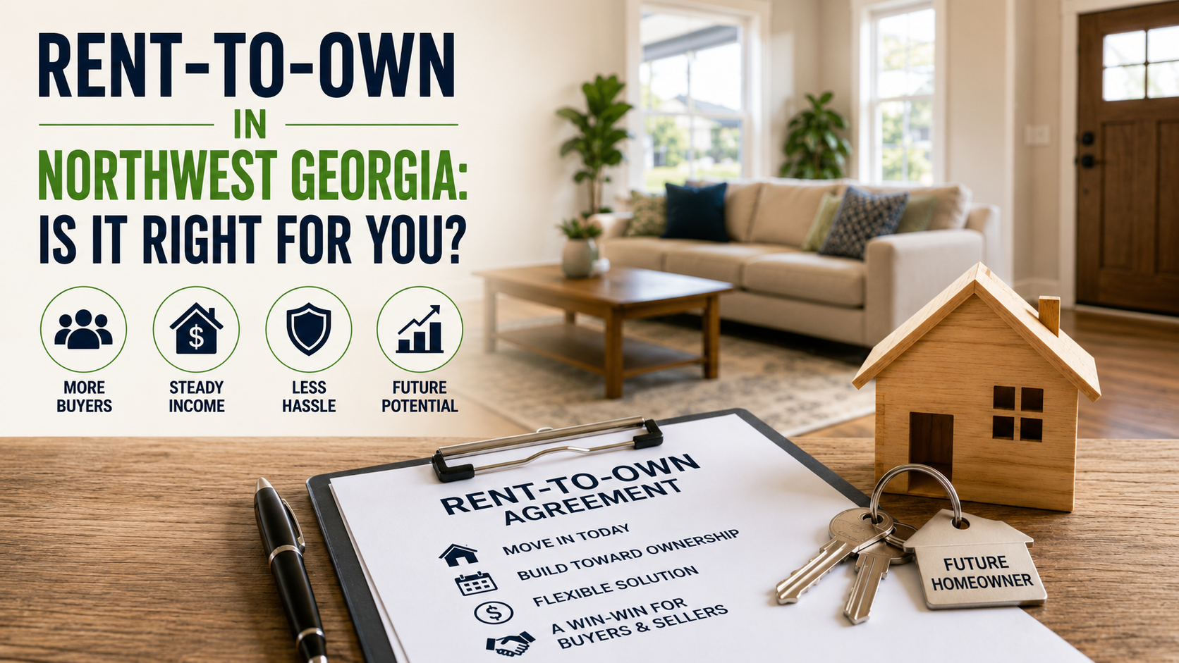 Rent-to-own agreement, house keys, and model home illustrating a rent-to-own home sale option in Northwest Georgia