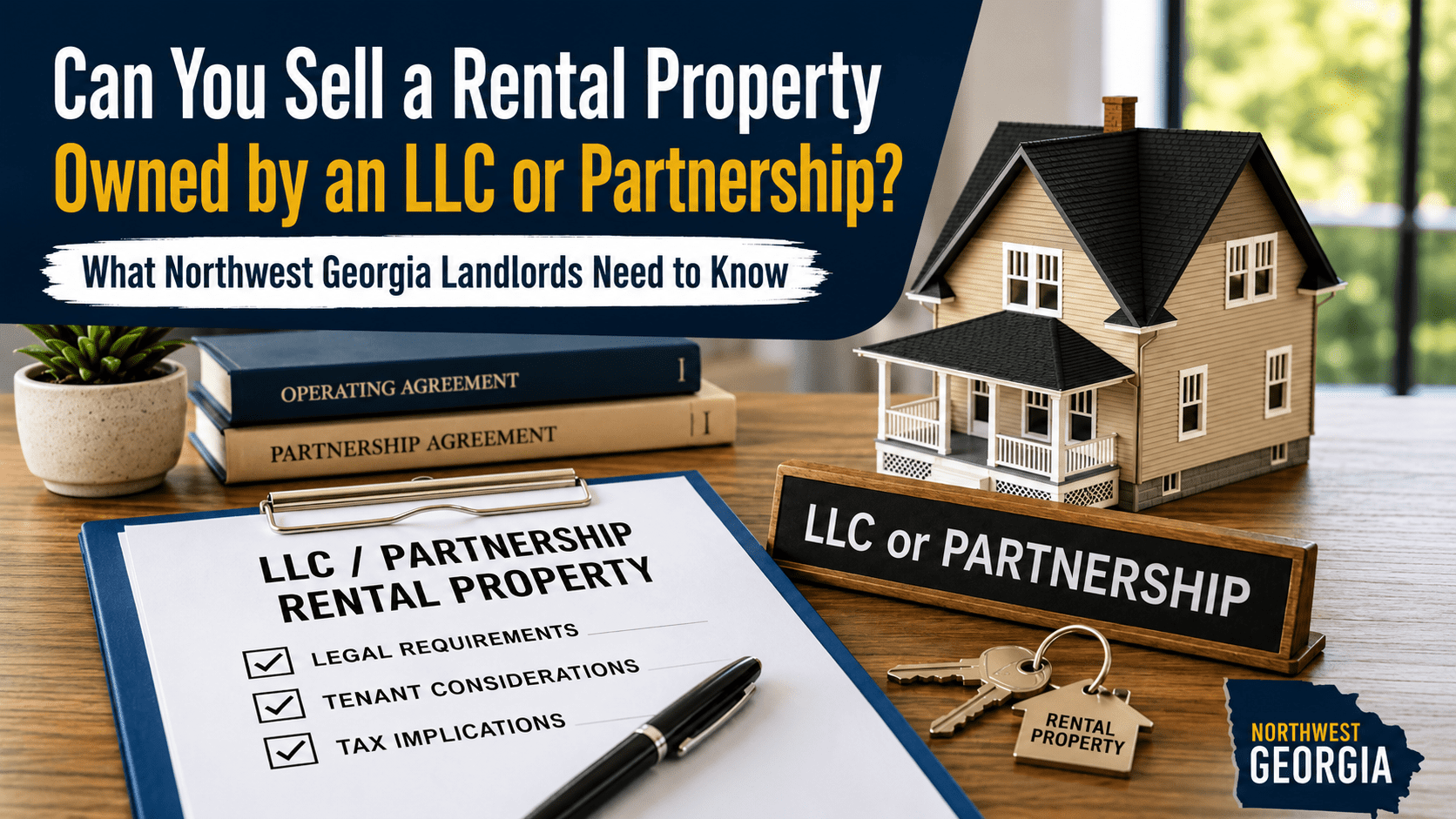 Rental property sale documents, house model, and LLC or partnership paperwork on a desk representing the sale of an entity-owned rental property