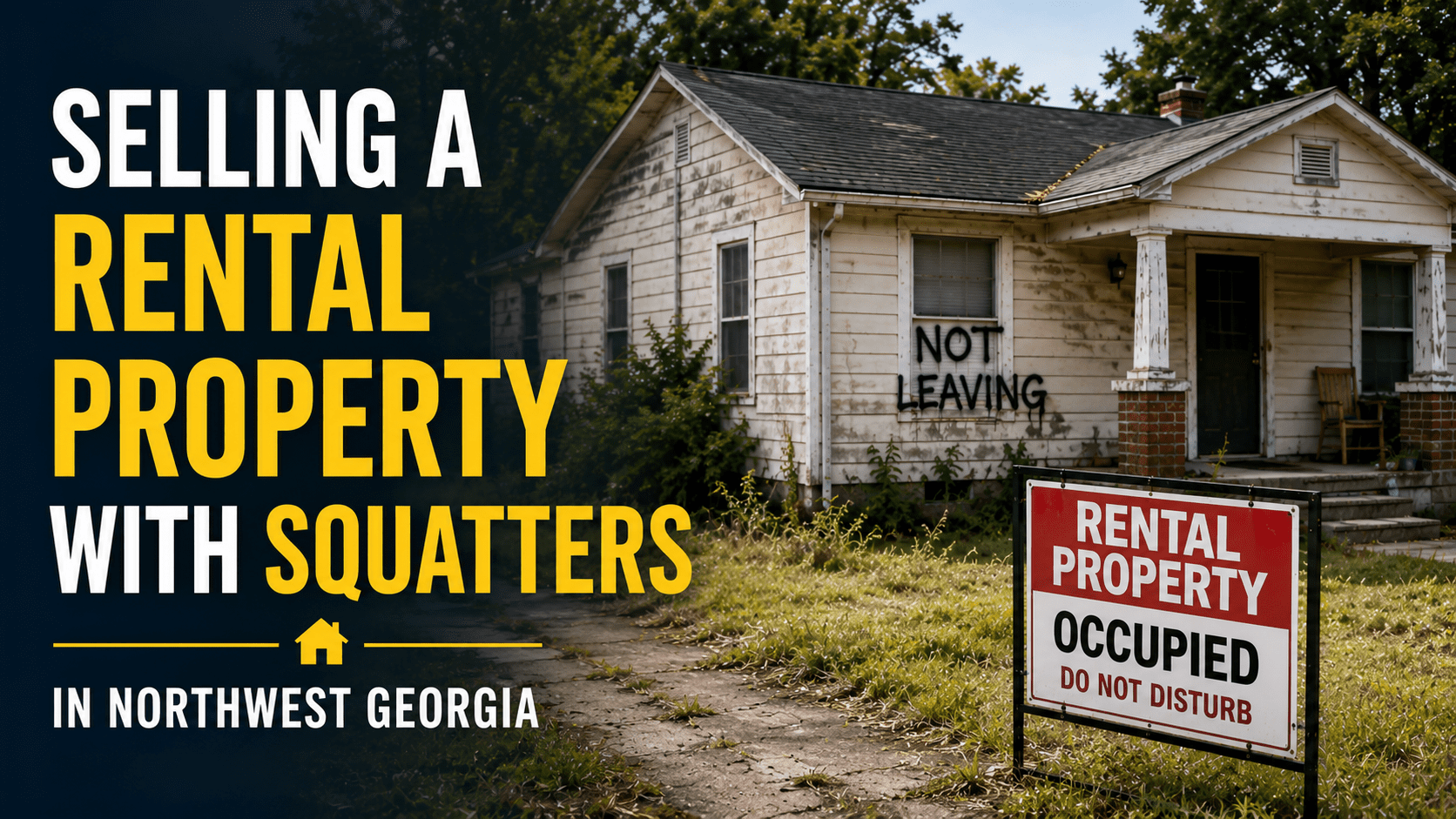 Distressed rental property with squatters and occupied property sign in Northwest Georgia