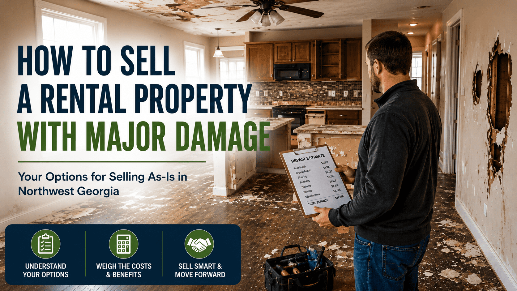 Property owner inspecting a damaged rental home with visible drywall damage, peeling paint, and water stains while reviewing renovation estimates