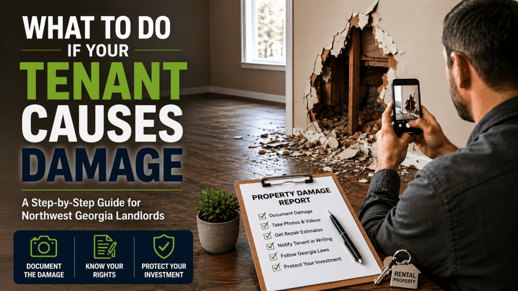Landlord photographing damage inside a rental property during a property damage inspection