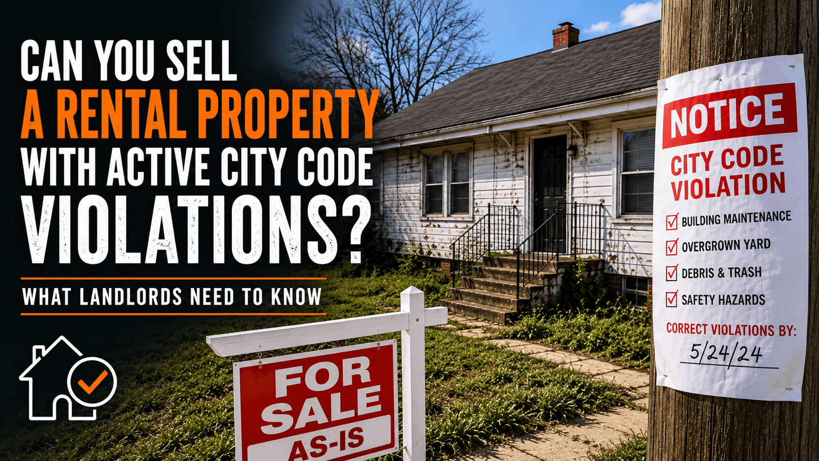 Older rental property with a posted city code violation notice and for-sale sign in the front yard