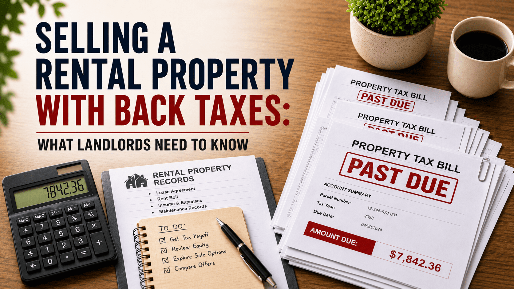 Past-due property tax bills and rental property documents related to selling a rental property with back taxes