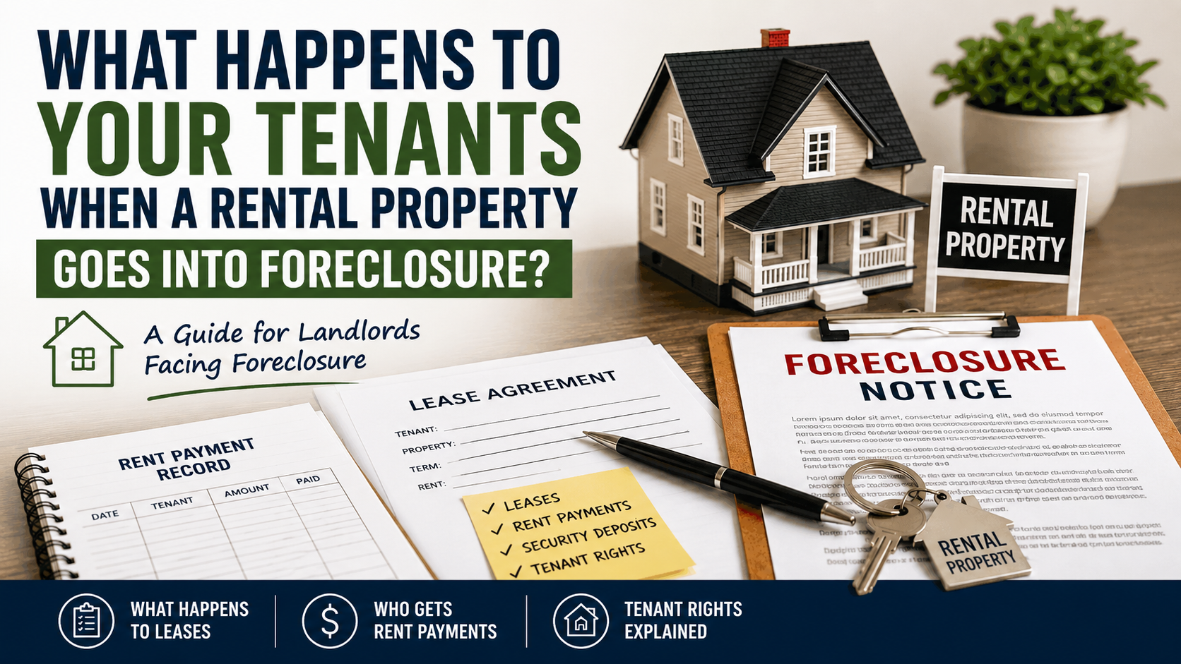 Rental property foreclosure documents, lease agreement, and rent records illustrating what happens to tenants during foreclosure